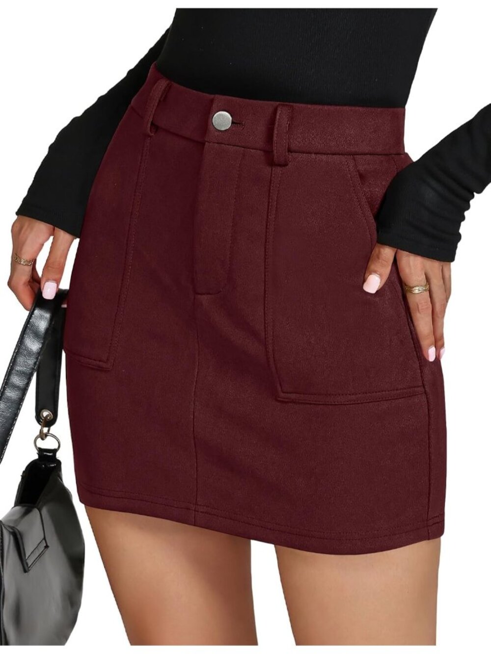 Women Wine Faux Suede Button & Zipper Belt Loops Pockets Mini High Waist Skirt